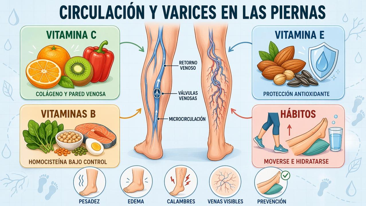 Vitamina C, vitamina E, grupo B y hábitos clave para las varices.