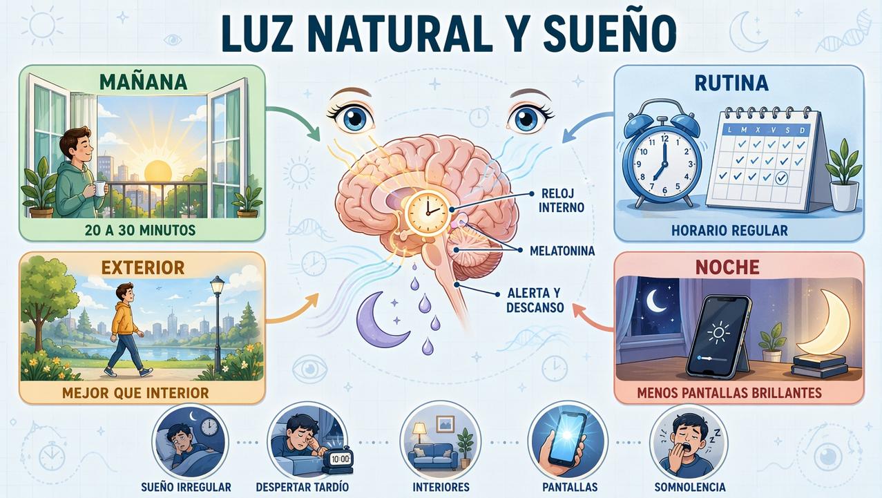 Luz temprana, rutina, exterior y menos pantallas favorecen un sueño regular.