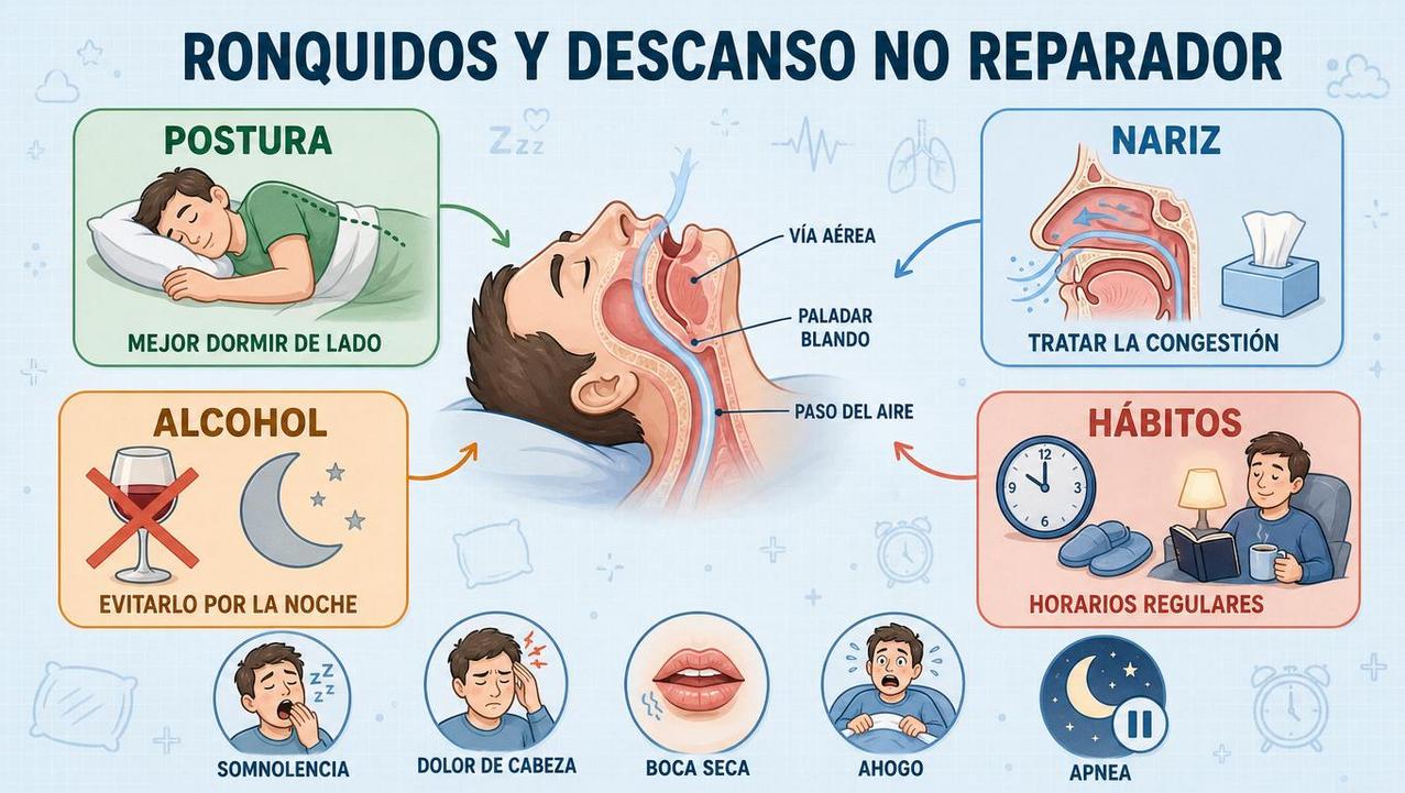 Postura, nariz, alcohol y hábitos influyen en los ronquidos nocturnos.