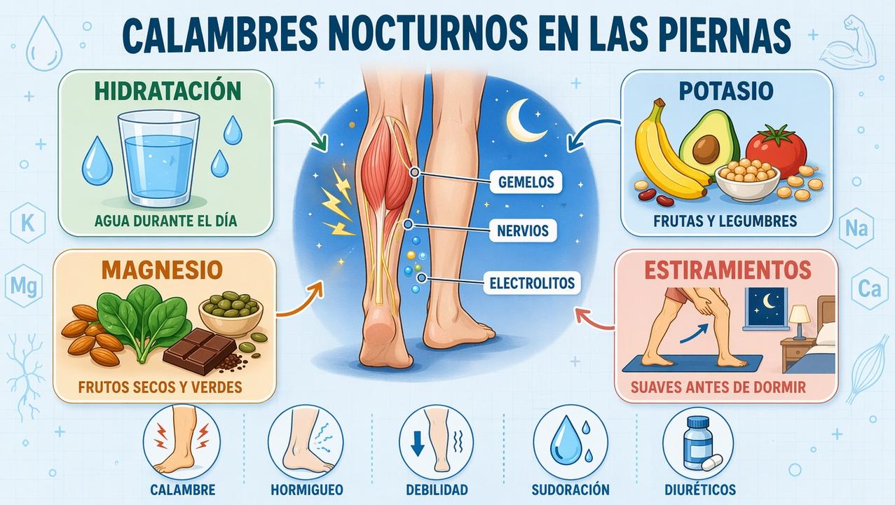 Hidratación, potasio, magnesio y estiramientos ayudan a prevenir episodios nocturnos.
