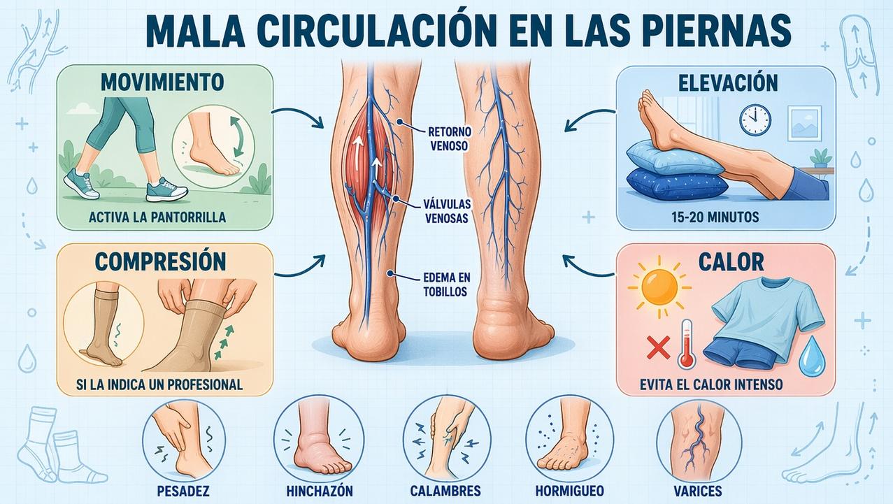 Movimiento, elevación, compresión y evitar calor alivian la insuficiencia venosa.