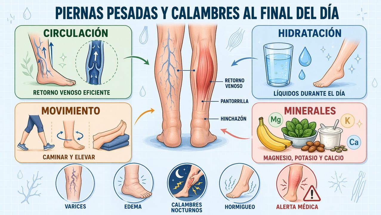 Circulación, hidratación, movimiento y minerales influyen en piernas pesadas y calambres.