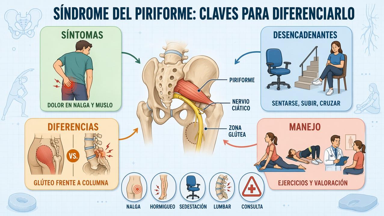 Síntomas, desencadenantes, diferencias y manejo del síndrome del piriforme.