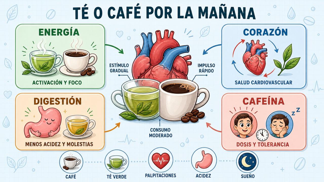 La infografía resume energía, corazón, digestión y tolerancia a la cafeína.