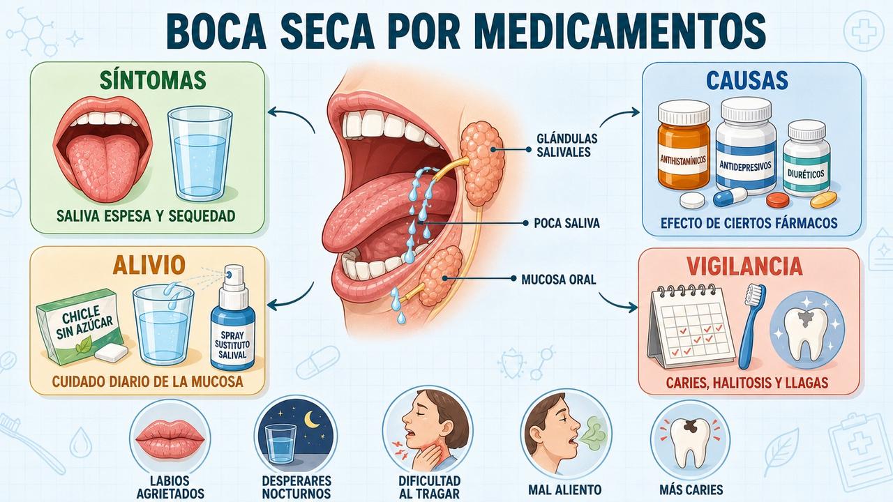 Síntomas, causas, alivio y vigilancia en la boca seca por fármacos.