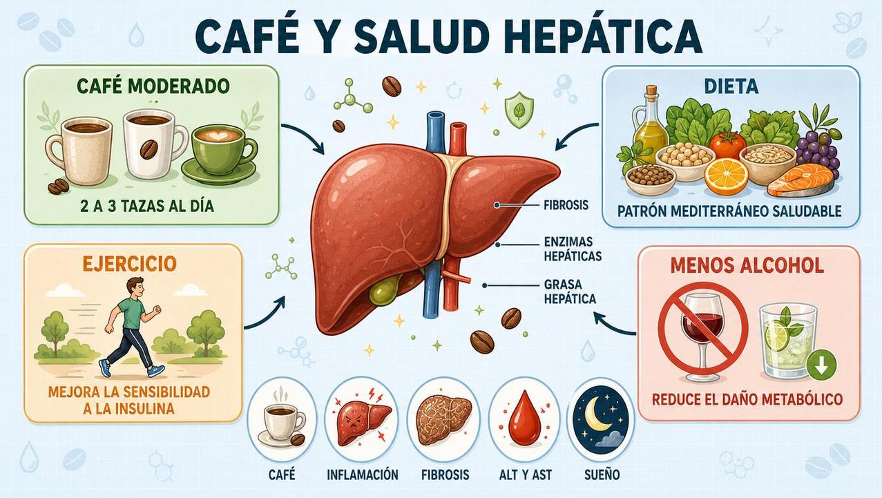 Café moderado, dieta, ejercicio y menos alcohol favorecen el hígado.