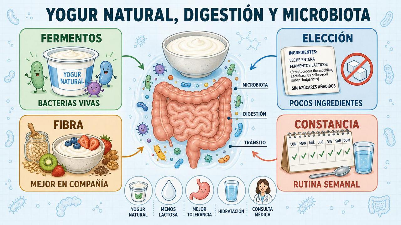 Fermentos, elección, fibra y constancia sostienen el efecto digestivo del yogur.