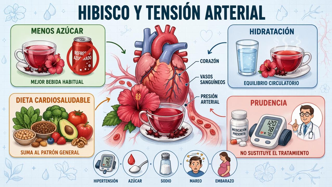 Hibisco, hidratación, menos azúcar, dieta saludable y prudencia con la tensión.