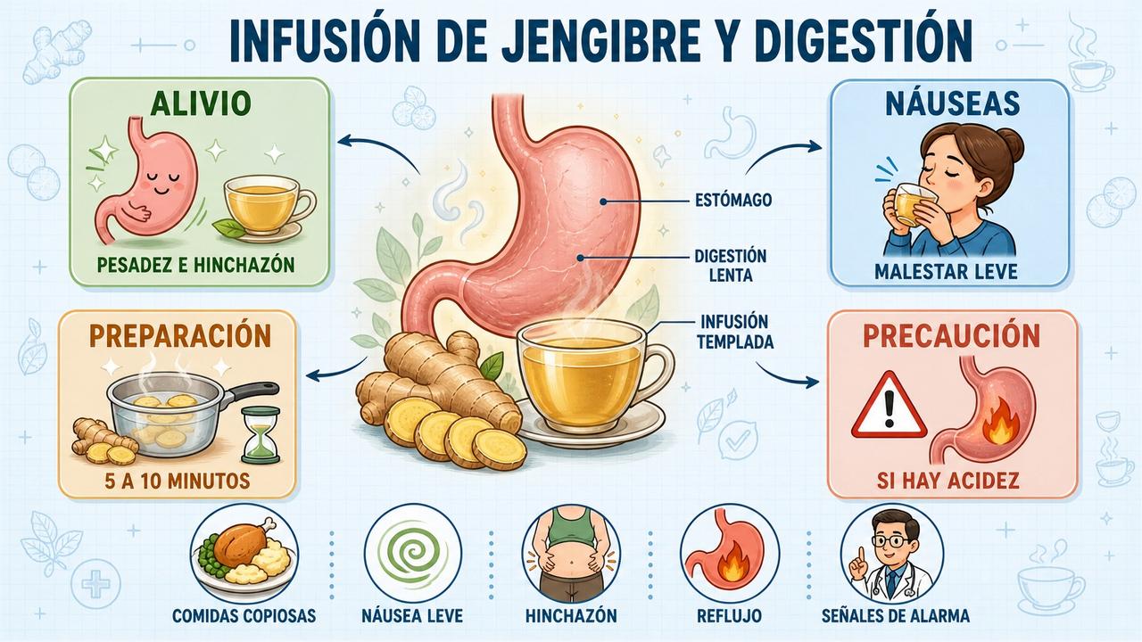 Alivio, preparación, náuseas y precauciones: claves digestivas del jengibre.