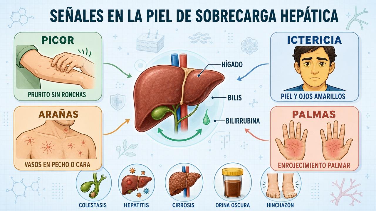 Cuatro señales cutáneas que orientan hacia alteraciones biliares o hepáticas.