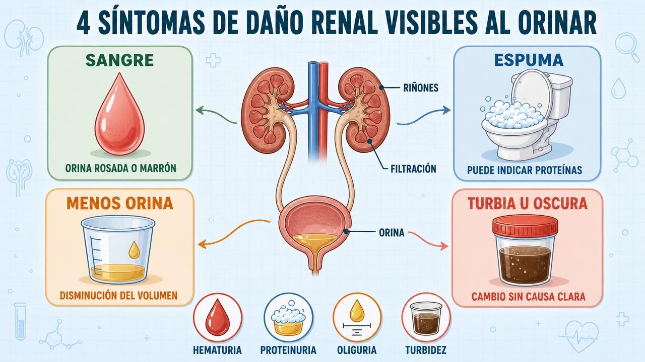 Sangre, espuma, poca orina y turbidez orientan sobre posible afectación renal.