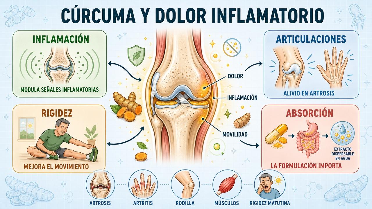 Infografía sobre inflamación, articulaciones, rigidez y absorción de la cúrcuma.