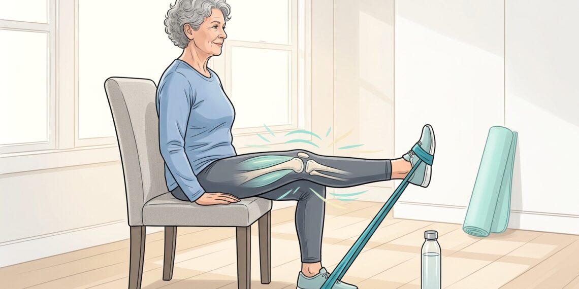 Ilustración de una mujer mayor sentada en una silla realizando un ejercicio de extensión de pierna con una banda de resistencia. Una superposición anatómica translúcida muestra los huesos de la rodilla y los músculos del cuádriceps trabajando.