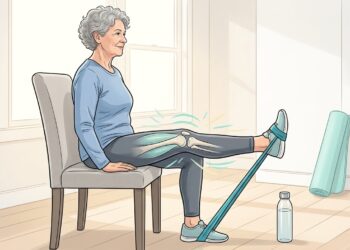Ilustración de una mujer mayor sentada en una silla realizando un ejercicio de extensión de pierna con una banda de resistencia. Una superposición anatómica translúcida muestra los huesos de la rodilla y los músculos del cuádriceps trabajando.