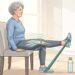 Ilustración de una mujer mayor sentada en una silla realizando un ejercicio de extensión de pierna con una banda de resistencia. Una superposición anatómica translúcida muestra los huesos de la rodilla y los músculos del cuádriceps trabajando.