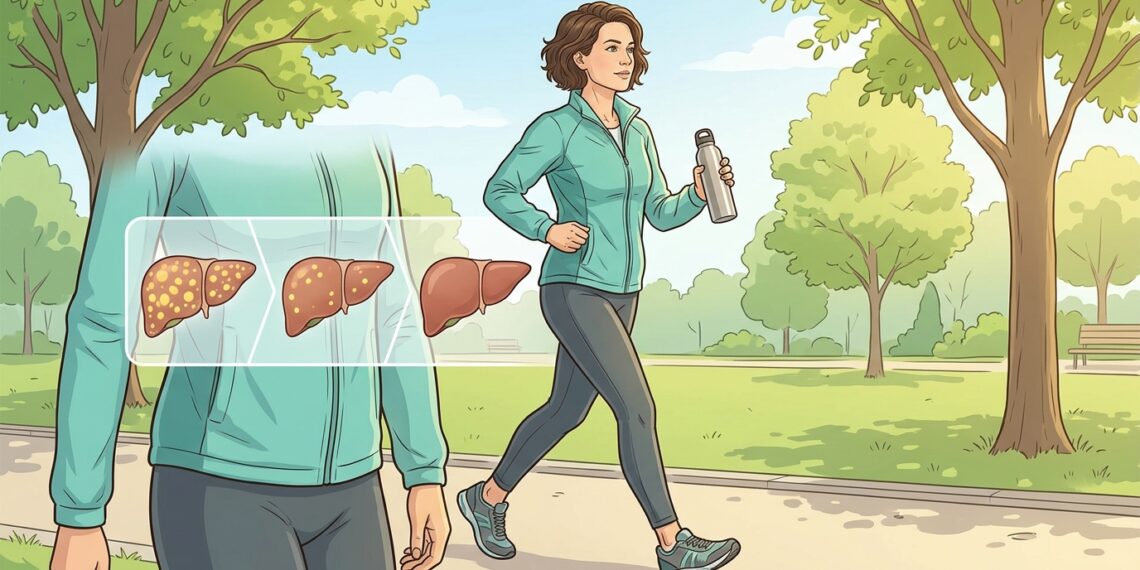 Ilustración de una mujer haciendo ejercicio al caminar por un parque soleado con una botella de agua, acompañada de una infografía médica superpuesta que detalla la transición visual de un hígado con acumulación de grasa hacia un hígado completamente sano.
