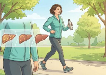 Ilustración de una mujer haciendo ejercicio al caminar por un parque soleado con una botella de agua, acompañada de una infografía médica superpuesta que detalla la transición visual de un hígado con acumulación de grasa hacia un hígado completamente sano.