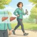 Ilustración de una mujer haciendo ejercicio al caminar por un parque soleado con una botella de agua, acompañada de una infografía médica superpuesta que detalla la transición visual de un hígado con acumulación de grasa hacia un hígado completamente sano.