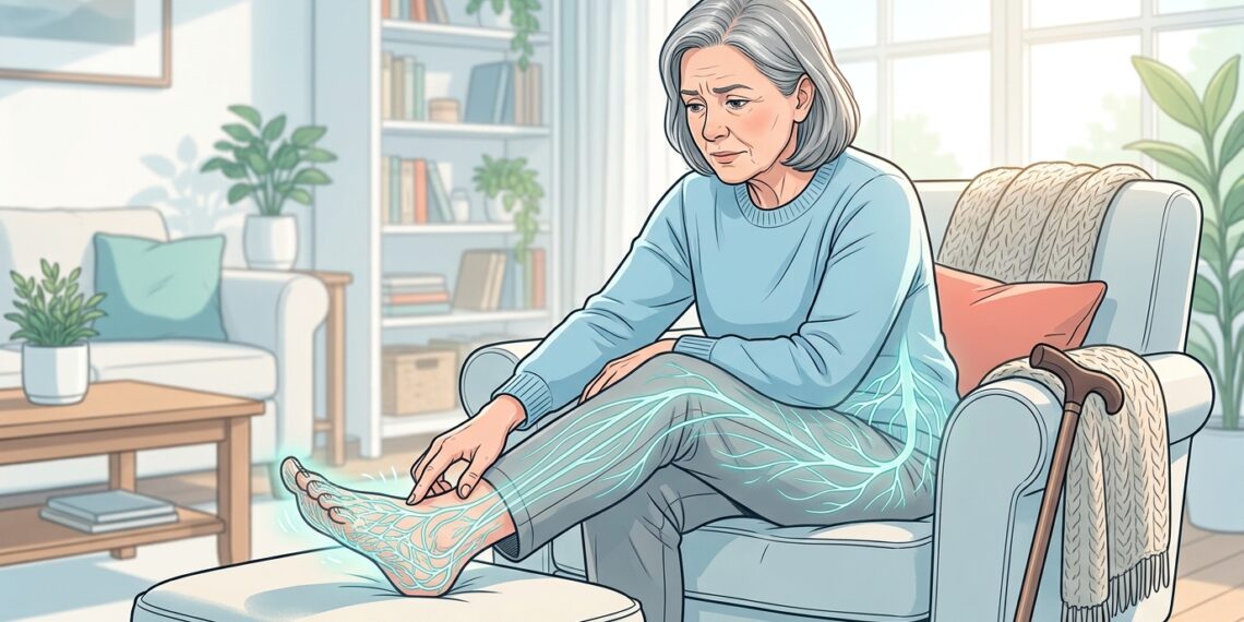 Ilustración de una mujer mayor sentada en un sillón tocándose el pie, el cual está apoyado en un reposapiés. Una red de líneas azules brillantes recorre su pierna, representando dolor nervioso u hormigueo. Hay un bastón de madera apoyado junto a ella en una sala de estar iluminada.