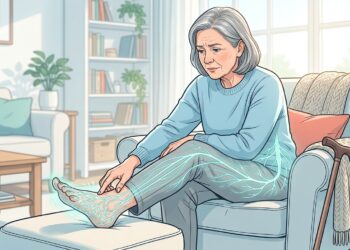 Ilustración de una mujer mayor sentada en un sillón tocándose el pie, el cual está apoyado en un reposapiés. Una red de líneas azules brillantes recorre su pierna, representando dolor nervioso u hormigueo. Hay un bastón de madera apoyado junto a ella en una sala de estar iluminada.