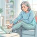 Ilustración de una mujer mayor sentada en un sillón tocándose el pie, el cual está apoyado en un reposapiés. Una red de líneas azules brillantes recorre su pierna, representando dolor nervioso u hormigueo. Hay un bastón de madera apoyado junto a ella en una sala de estar iluminada.