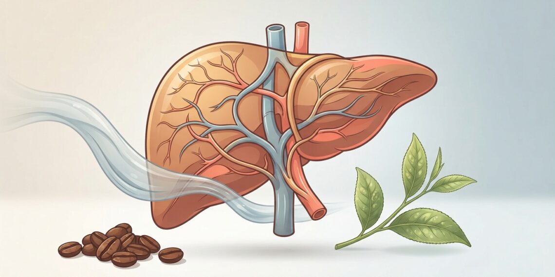 Ilustración anatómica de un hígado detallado junto a granos de café y hojas de té verde sobre un fondo claro.