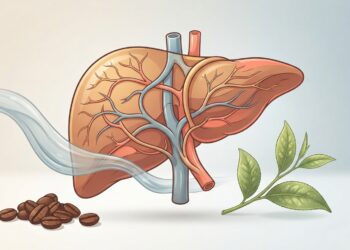 Ilustración anatómica de un hígado detallado junto a granos de café y hojas de té verde sobre un fondo claro.