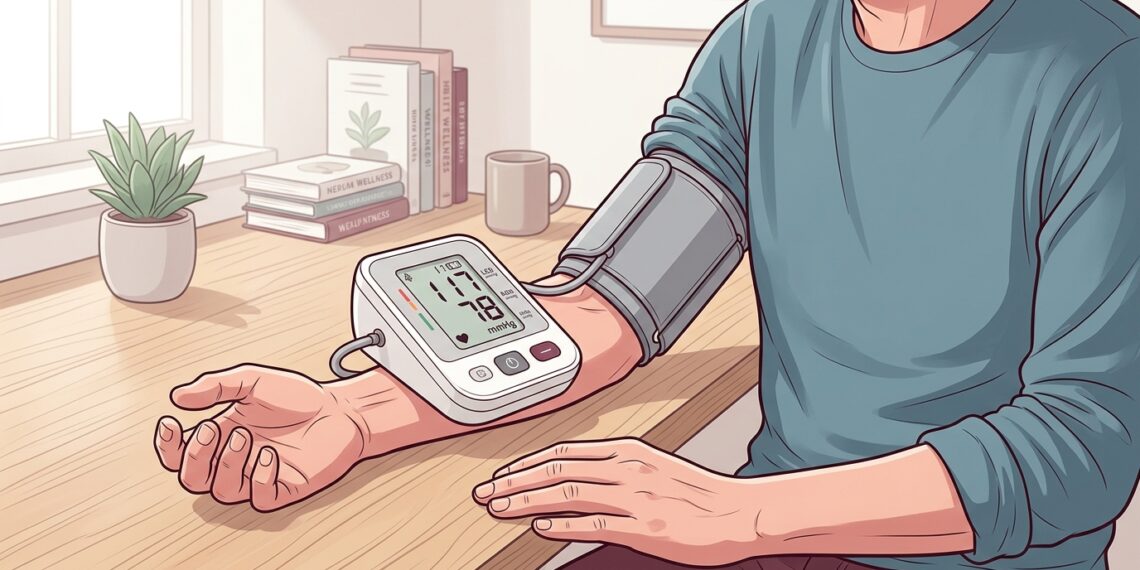 Una ilustración detallada de una persona que se toma la presión arterial en un escritorio de madera con un monitor digital que muestra 117/78 mmHg. El fondo incluye libros, una planta y una taza de café.
