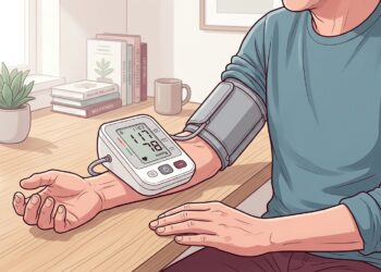 Una ilustración detallada de una persona que se toma la presión arterial en un escritorio de madera con un monitor digital que muestra 117/78 mmHg. El fondo incluye libros, una planta y una taza de café.