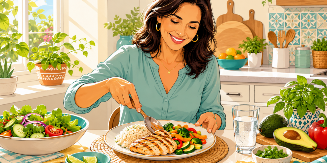 Ilustración de una mujer sonriente comiendo un plato saludable con pollo, arroz y verduras en una cocina luminosa.