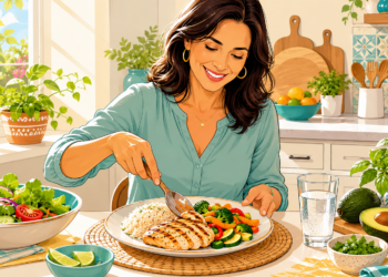 Ilustración de una mujer sonriente comiendo un plato saludable con pollo, arroz y verduras en una cocina luminosa.