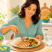 Ilustración de una mujer sonriente comiendo un plato saludable con pollo, arroz y verduras en una cocina luminosa.