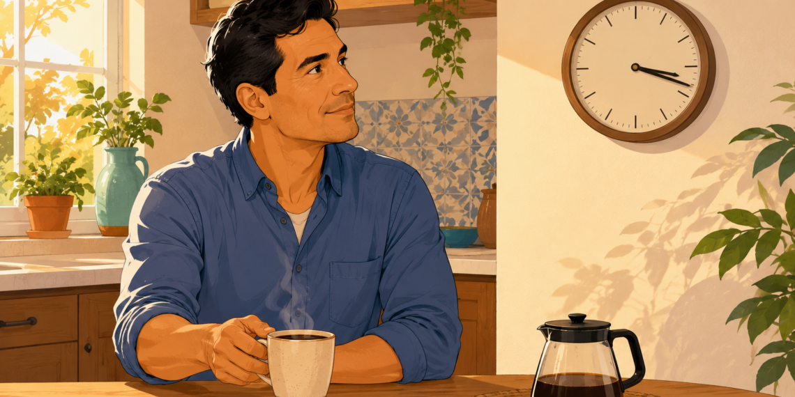 Ilustración de un hombre sonriente tomando café en una cocina cálida y luminosa mientras mira un reloj de pared.