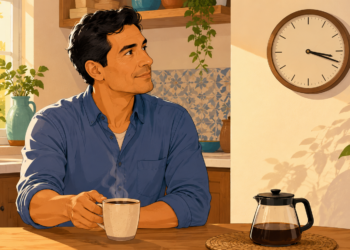 Ilustración de un hombre sonriente tomando café en una cocina cálida y luminosa mientras mira un reloj de pared.