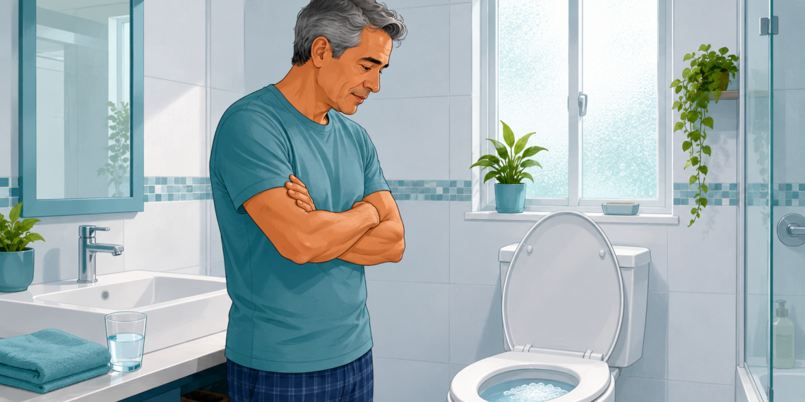 Ilustración de un hombre mayor en pijama parado en un baño luminoso, mirando pensativo hacia el inodoro.