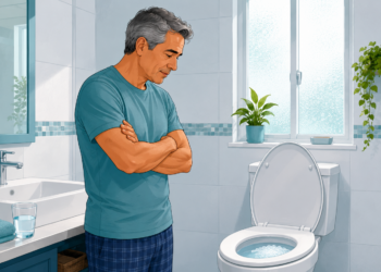 Ilustración de un hombre mayor en pijama parado en un baño luminoso, mirando pensativo hacia el inodoro.