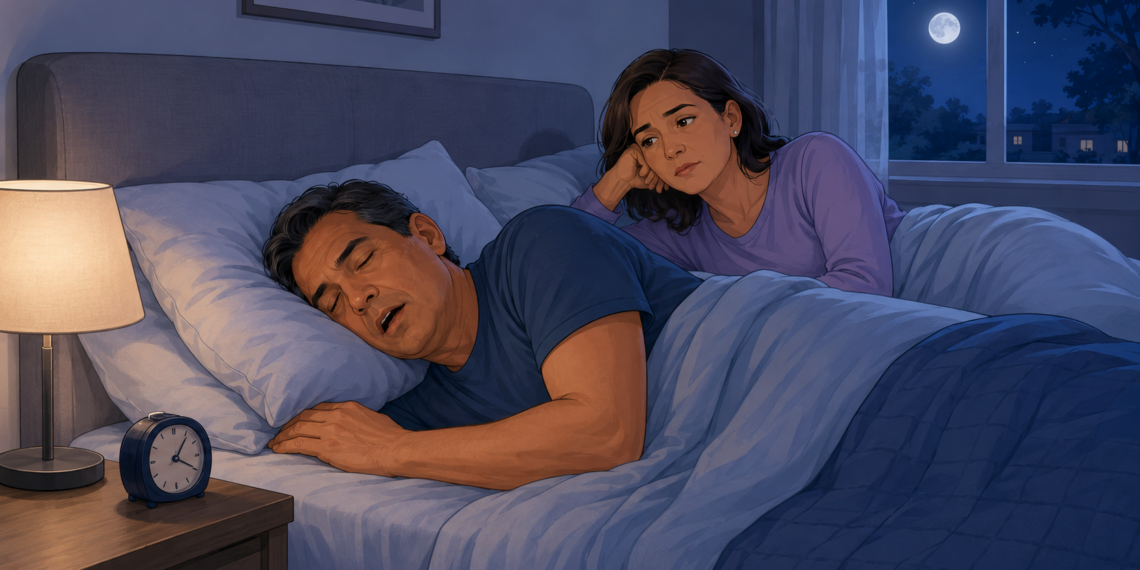 Ilustración de un hombre roncando en la cama mientras una mujer despierta lo mira con frustración durante la noche.