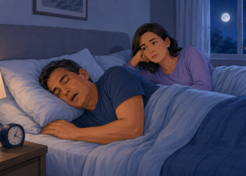 Ilustración de un hombre roncando en la cama mientras una mujer despierta lo mira con frustración durante la noche.