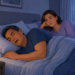 Ilustración de un hombre roncando en la cama mientras una mujer despierta lo mira con frustración durante la noche.