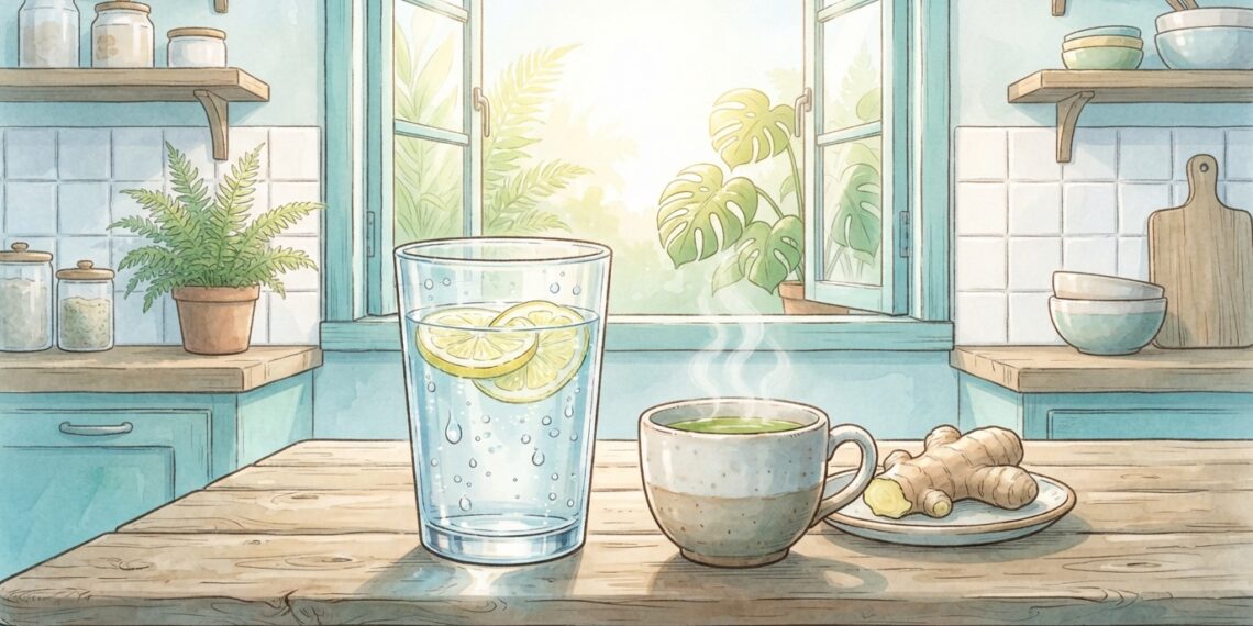 Una ilustración de estilo acuarela de una cocina soleada con una mesa ampliada que presenta siete bebidas matutinas distintas para la salud renal.