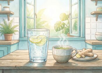 Una ilustración de estilo acuarela de una cocina soleada con una mesa ampliada que presenta siete bebidas matutinas distintas para la salud renal.