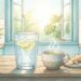 Una ilustración de estilo acuarela de una cocina soleada con una mesa ampliada que presenta siete bebidas matutinas distintas para la salud renal.