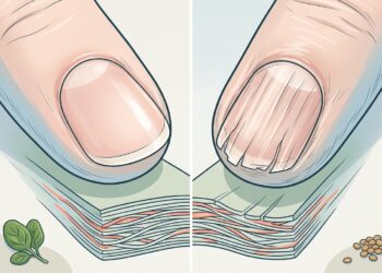Ilustración de comparación dividida de una uña sana y lisa frente a una uña quebradiza y con estrías, con grupos de alimentos saludables debajo de cada una.