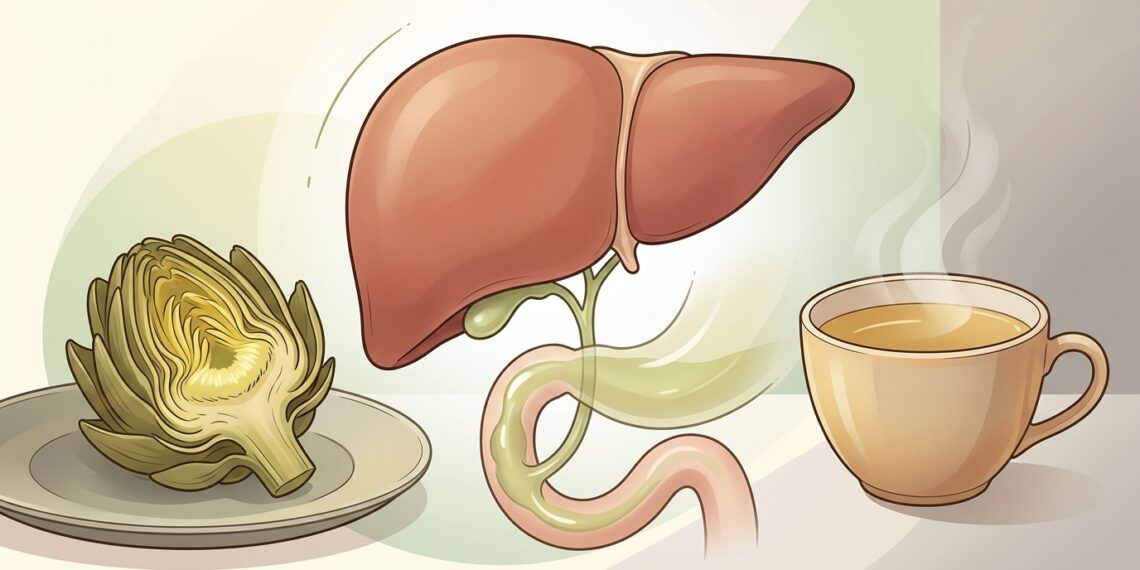 Ilustración anatómica de un hígado humano sano junto a una alcachofa cortada por la mitad y una taza de té humeante.