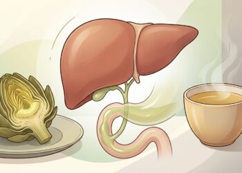 Ilustración anatómica de un hígado humano sano junto a una alcachofa cortada por la mitad y una taza de té humeante.