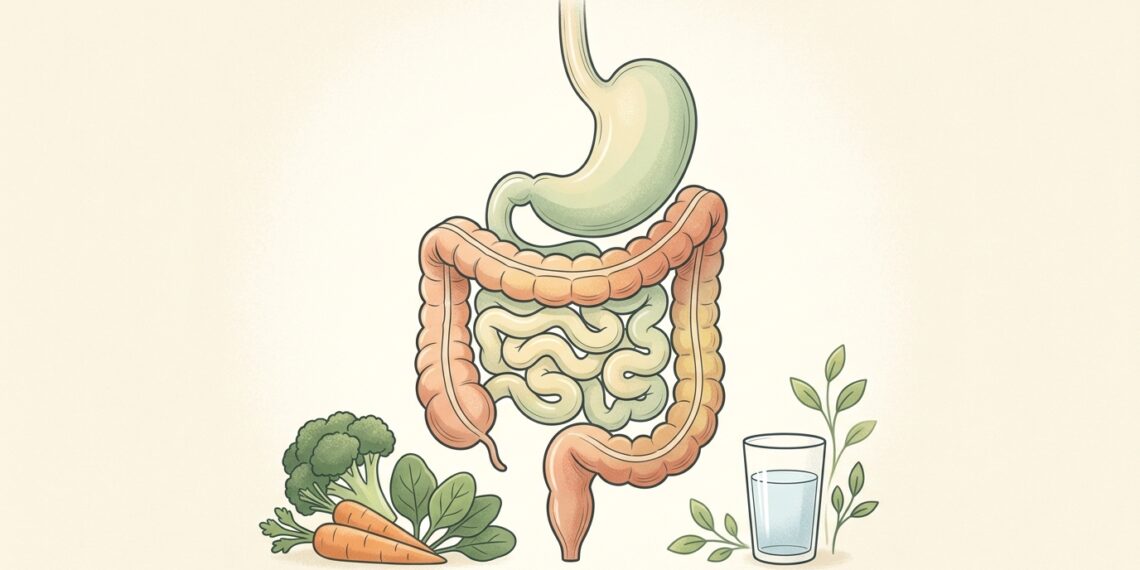 Ilustración anatómica del sistema digestivo humano que destaca el estómago y los intestinos, acompañada en la parte inferior por vegetales frescos y un vaso de agua, representando una digestión saludable.