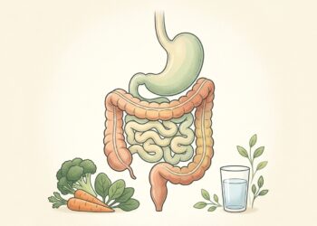 Ilustración anatómica del sistema digestivo humano que destaca el estómago y los intestinos, acompañada en la parte inferior por vegetales frescos y un vaso de agua, representando una digestión saludable.