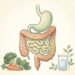 Ilustración anatómica del sistema digestivo humano que destaca el estómago y los intestinos, acompañada en la parte inferior por vegetales frescos y un vaso de agua, representando una digestión saludable.