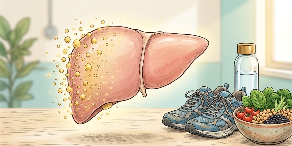 Ilustración médica y de estilo de vida que muestra un hígado humano del cual se desprenden partículas amarillas de grasa, acompañado de unas zapatillas deportivas azules, una botella de agua y un tazón con vegetales frescos y legumbres sobre una mesa de madera.