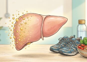 Ilustración médica y de estilo de vida que muestra un hígado humano del cual se desprenden partículas amarillas de grasa, acompañado de unas zapatillas deportivas azules, una botella de agua y un tazón con vegetales frescos y legumbres sobre una mesa de madera.